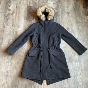 Madewell Charcoal Grey Vancouver Wool Parka With Faux Fur Trimmed Hood Sz Small.